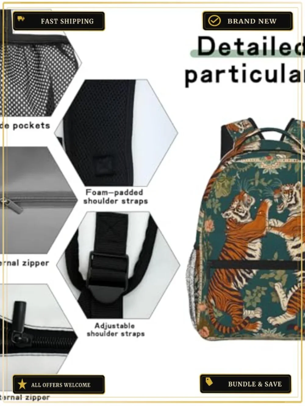 Vintage Tiger Floral Backpack Lightweight Laptop Daypack Boho Animal Bookbag